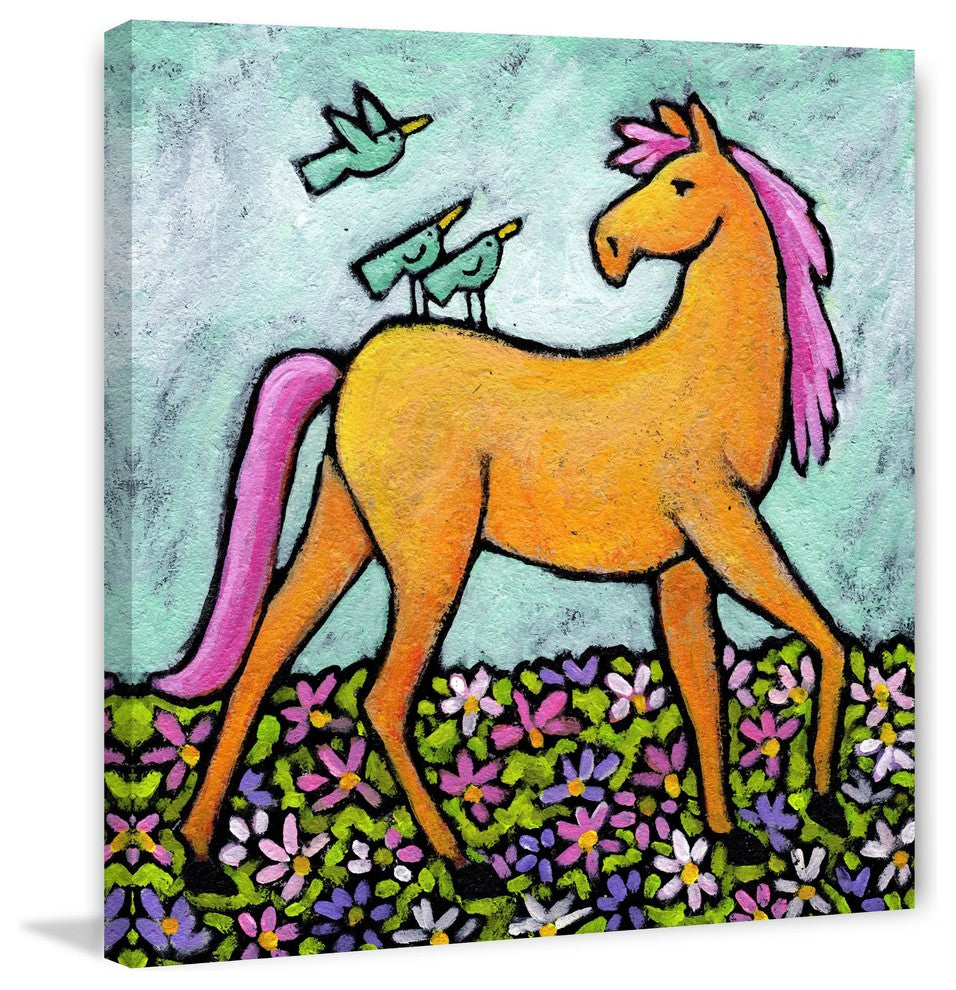 "Bluebirds on Yellow Horse" by Janet Nelson Painting on Wrapped Canvas, 48x48