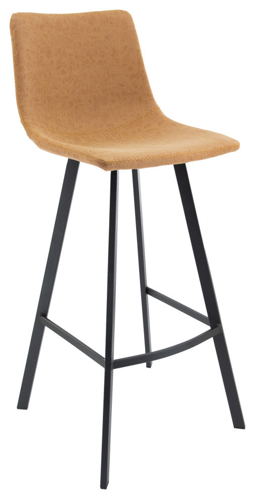 LeisureMod Elland Modern Upholstered Leather Bar Stool Iron Legs, Light Brown