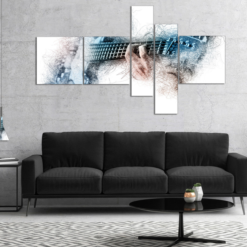 Man Playing A Guitar Watercolor, Abstract Canvas Print, 60"x32", 5 panels