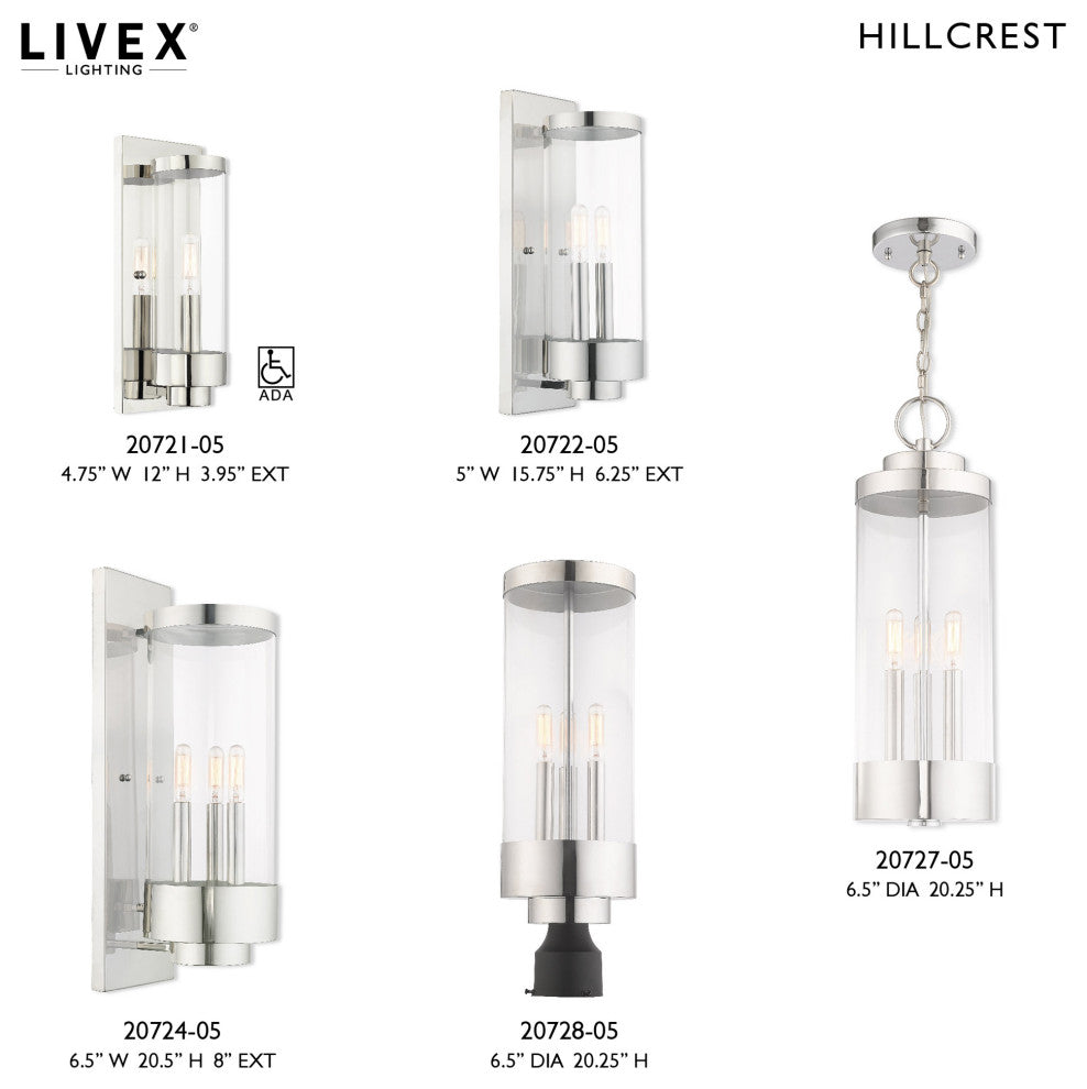 Livex Lighting Hillcrest 3 Light Polished Chrome Large Outdoor Wall Lantern