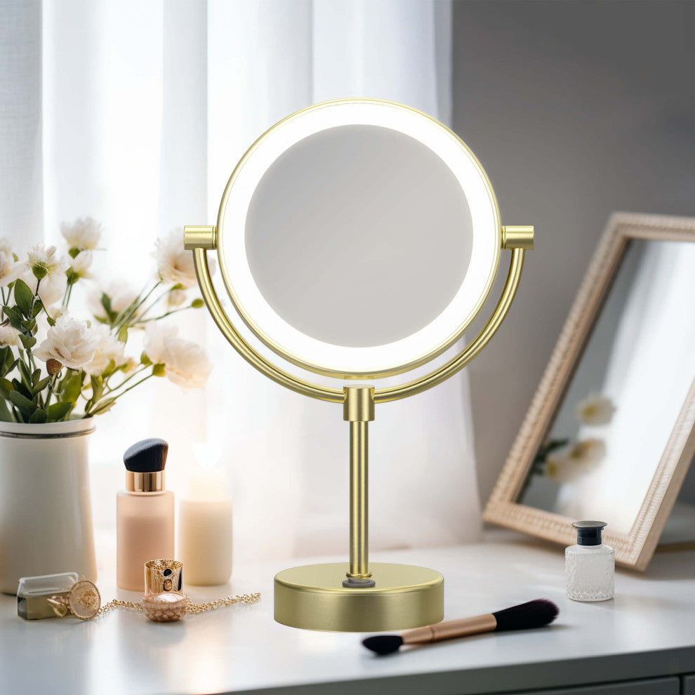 Circular LED Free Standing Magnifying Make Up Mirror, Brushed Gold