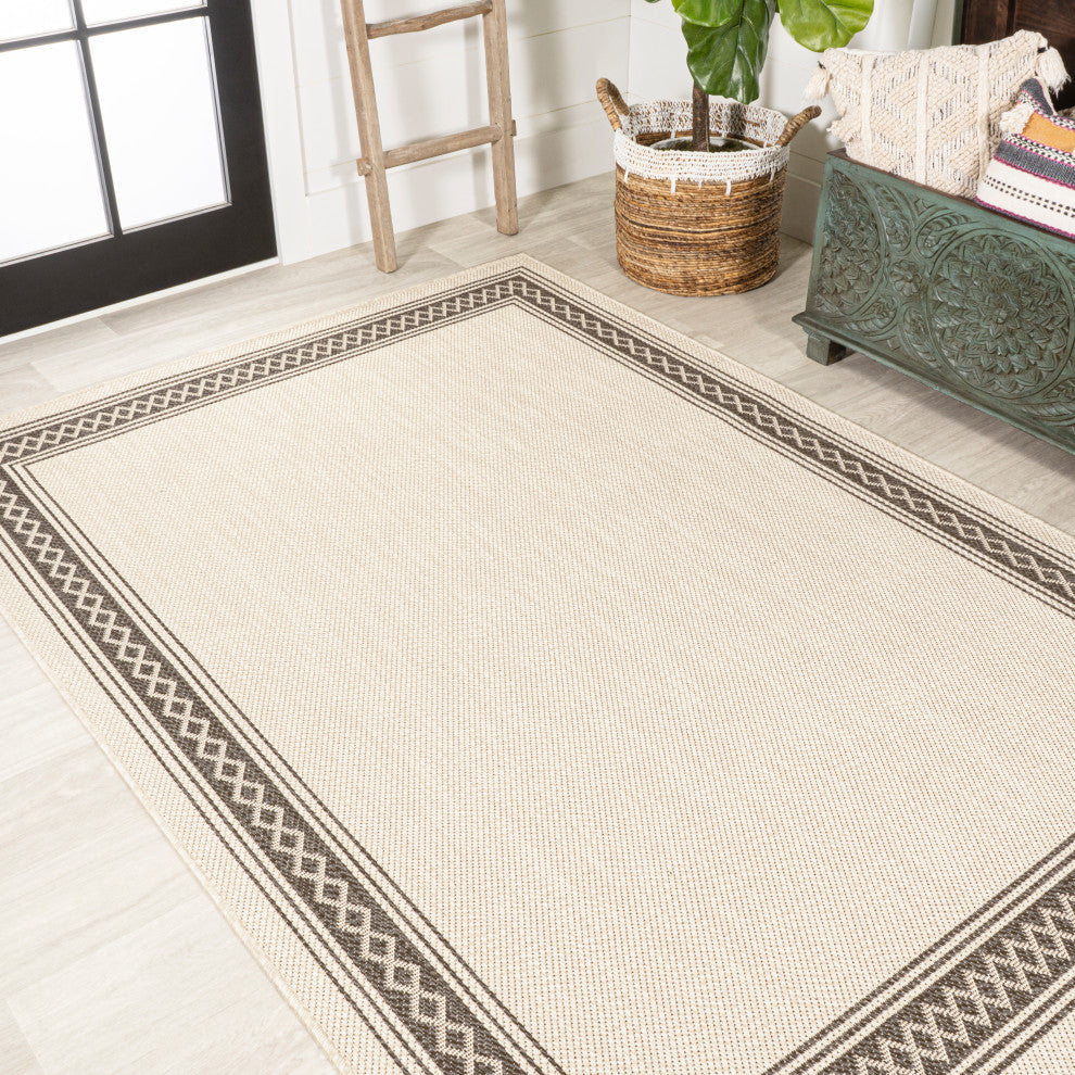 Lucia Classic Diamond Border Indoor/Outdoor Area Rug, Cream/Black, 5x8