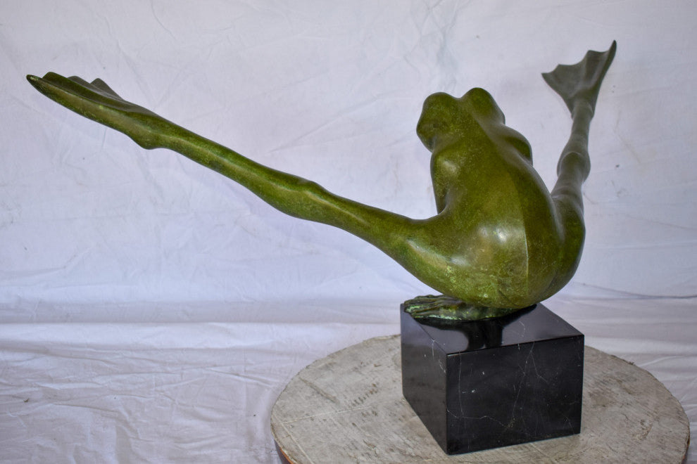 Acrobatic Frog Green Patina Bronze Statue Mounted on A Marble  43" x 26" x 20"