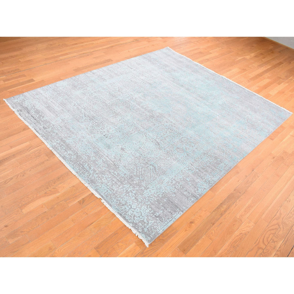 Sea Foam Green Wool and Silk Hand Knotted Broken Persian Design Rug 8'x10'