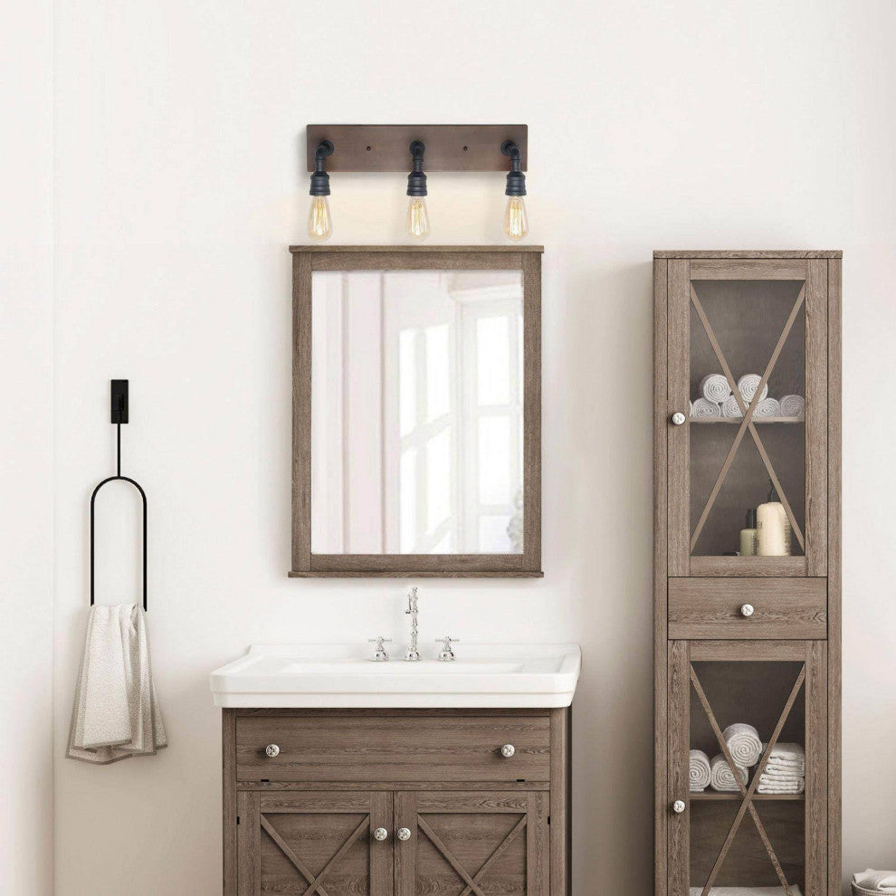 LALUZ 3-Light Black and Brown Water Pipe Farmhouse Bathroom Vanity Lights