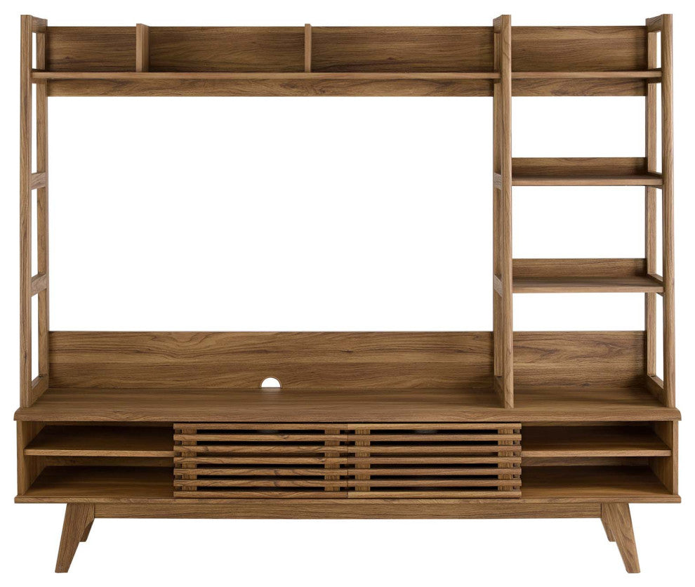 Media TV Stand Console Table, Wood, Brown Walnut, Modern, Lounge Hospitality