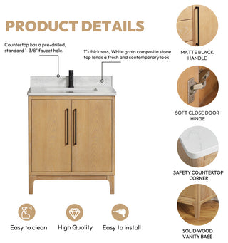Gara Bath Vanity, Stone Top, Washed Ash Grey, 30", Single Vanity, No Mirror