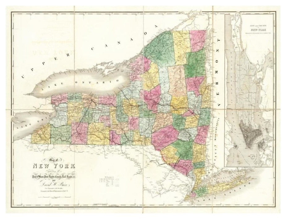 "Map of New York, 1839" Digital Paper Print by David H. Burr, 18"x14"