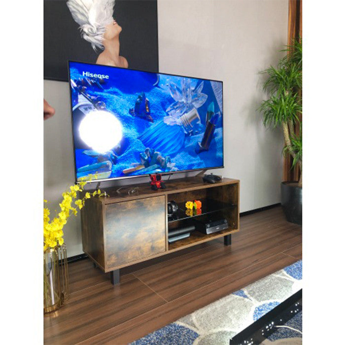Wood and glass TV Stand vintage brown TV console with storage cabinet