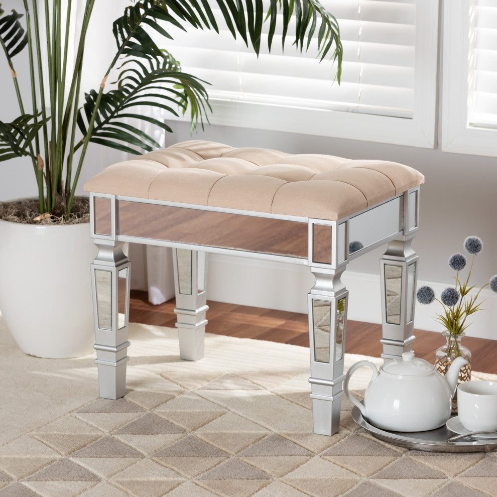 Jayni Glam and Luxe Fabric Ottoman, Beige