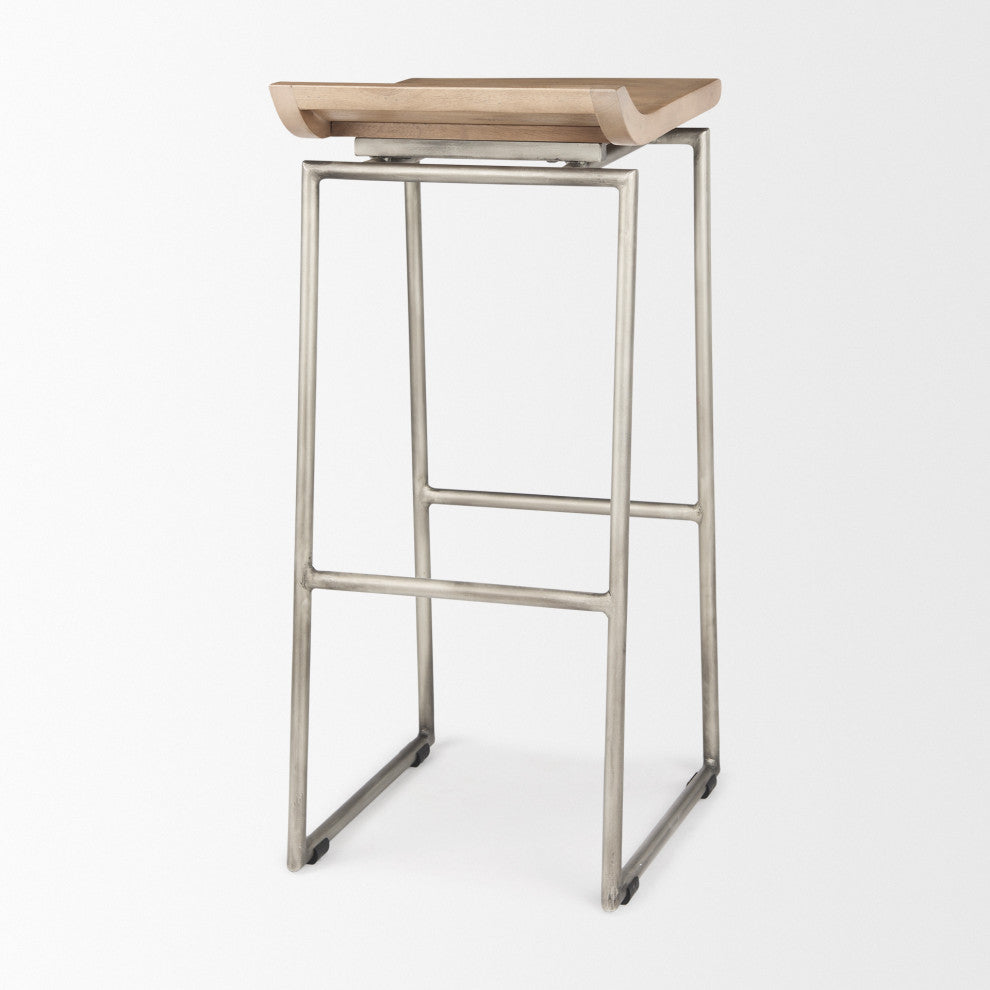 Givens Light Brown Solid Wood with Silver Metal Frame Bar Stool