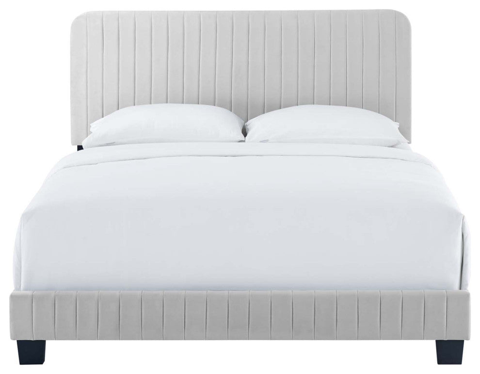 Tufted Platform Bed Frame, Queen Size, Velvet, Grey Gray, Modern Contemporary