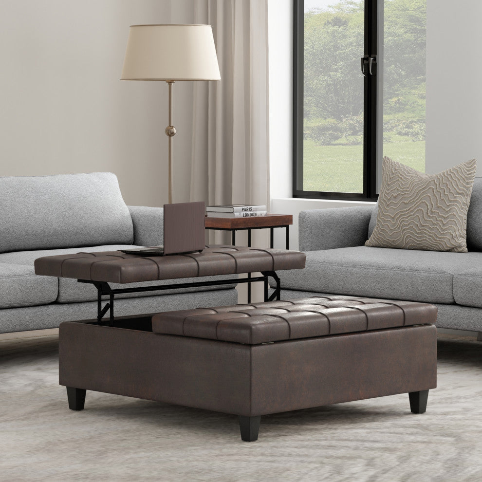 Harrison Large Square Coffee Table Storage Ottoman, Distressed Brown