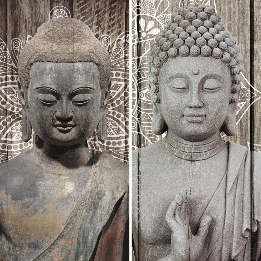6' Tall Double Sided Stone Buddha Canvas Room Divider