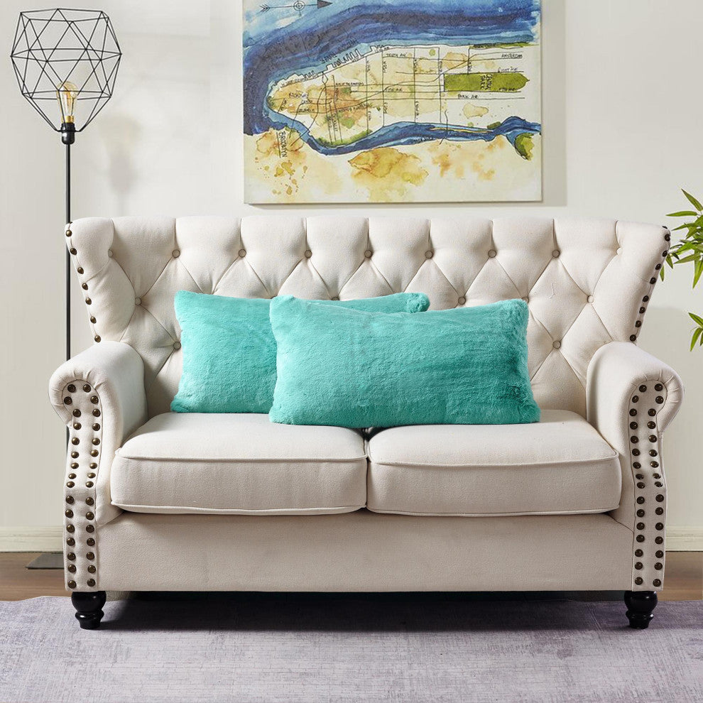Heavy Faux Fur Throw Pillow Covers 2pcs Set, Blue Turquoise, 14''x26''