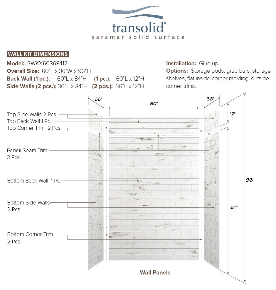 Transolid SaraMar 60"x36"x96" 6-Piece Shower Wall Kit, White Venito