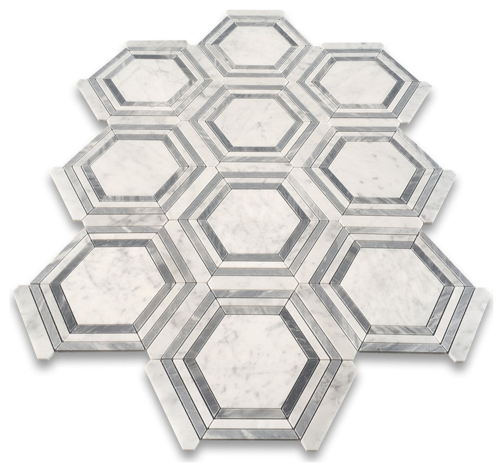 Carrara White Marble 5 Hexagon Georama Geometric Gray Strip Frame Tile, 1 sheet