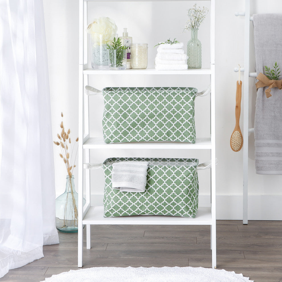 Cotton Polyester Laundry Bin Lattice Artichoke Green Rectangle Large, Set of 2