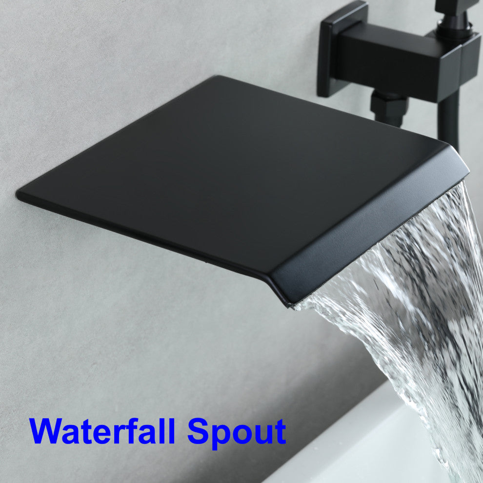Wellfor Shower Faucet Set, Waterfall Tub Spout and Hand Shower, Black