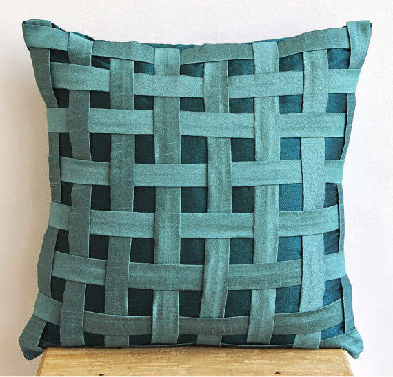 Peacock Green N Teal Basket Weave, Blue 14"x14" Silk Pillowcase