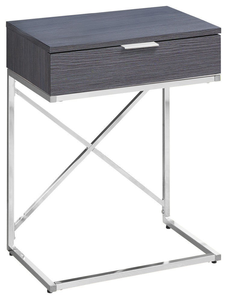 Accent Table, Lamp, Storage Drawer, Metal, Laminate, Grey, Chrome