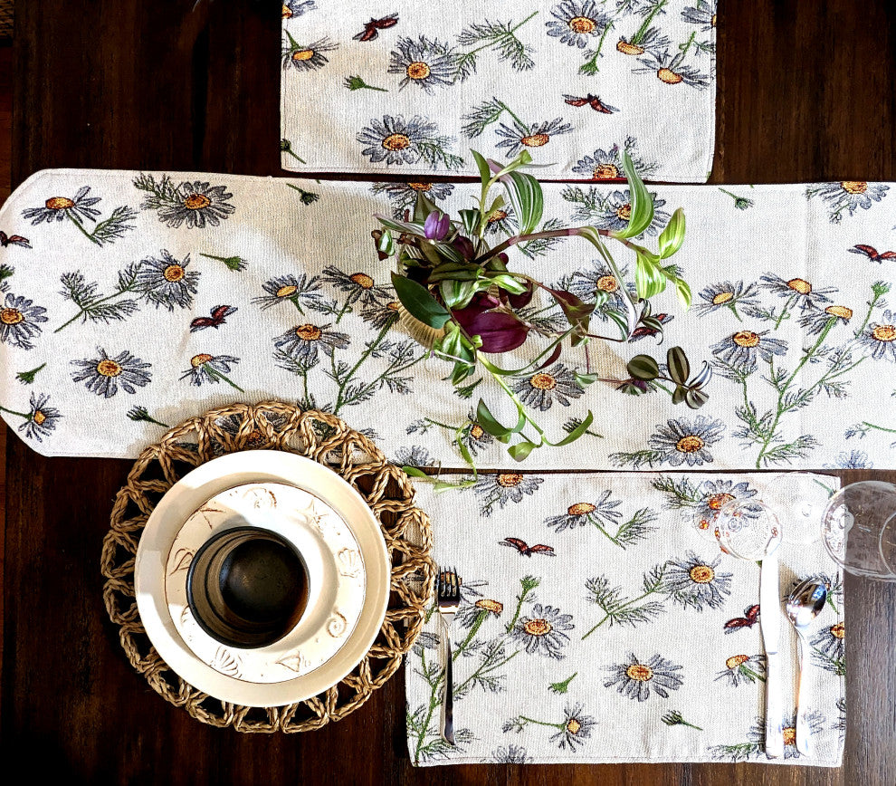 Seasonal Floral Woven Fabric Tapestry Kitchen Table Mats Cloth Placemats, Daisies