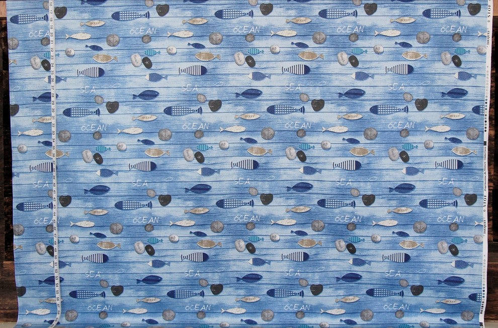 Blue Beach Fabric Seashore Weathered Boards Wooden Fish Stones, Standard Cut