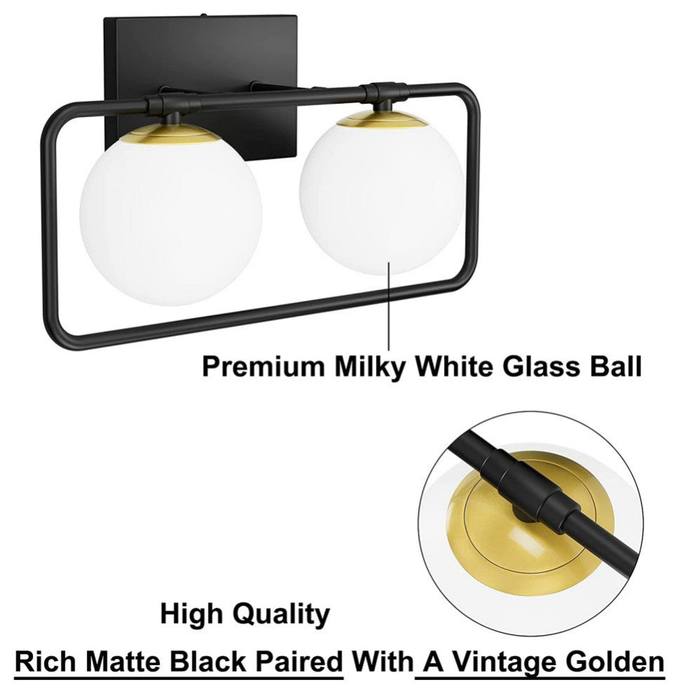 2-Light Mid Century Wall Lights Black and Gold Vanity Light With Milky White