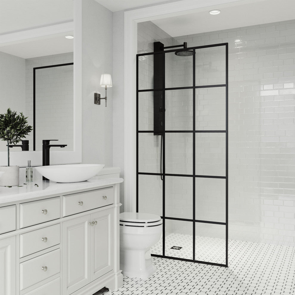 VIGO Mosaic Framed Fixed, Matte Black, Shower Screen, 34" W X 74" H, Clear Glass