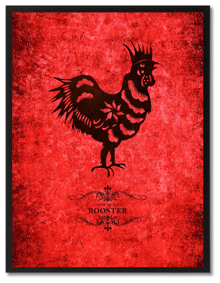 Rooster Chinese Zodiac Red Print on Canvas with Picture Frame, 28"x37"