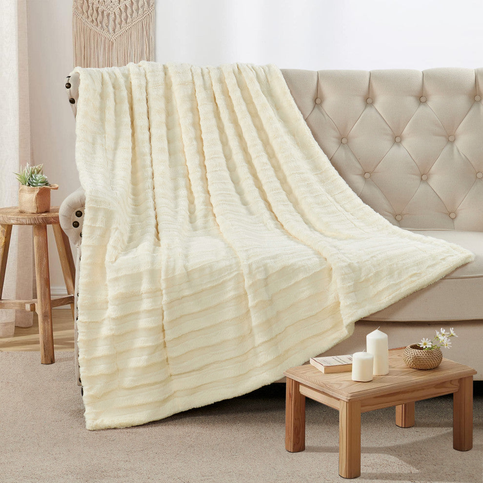 Derby Double Sided Faux Fur Throw Blanket, Ivory