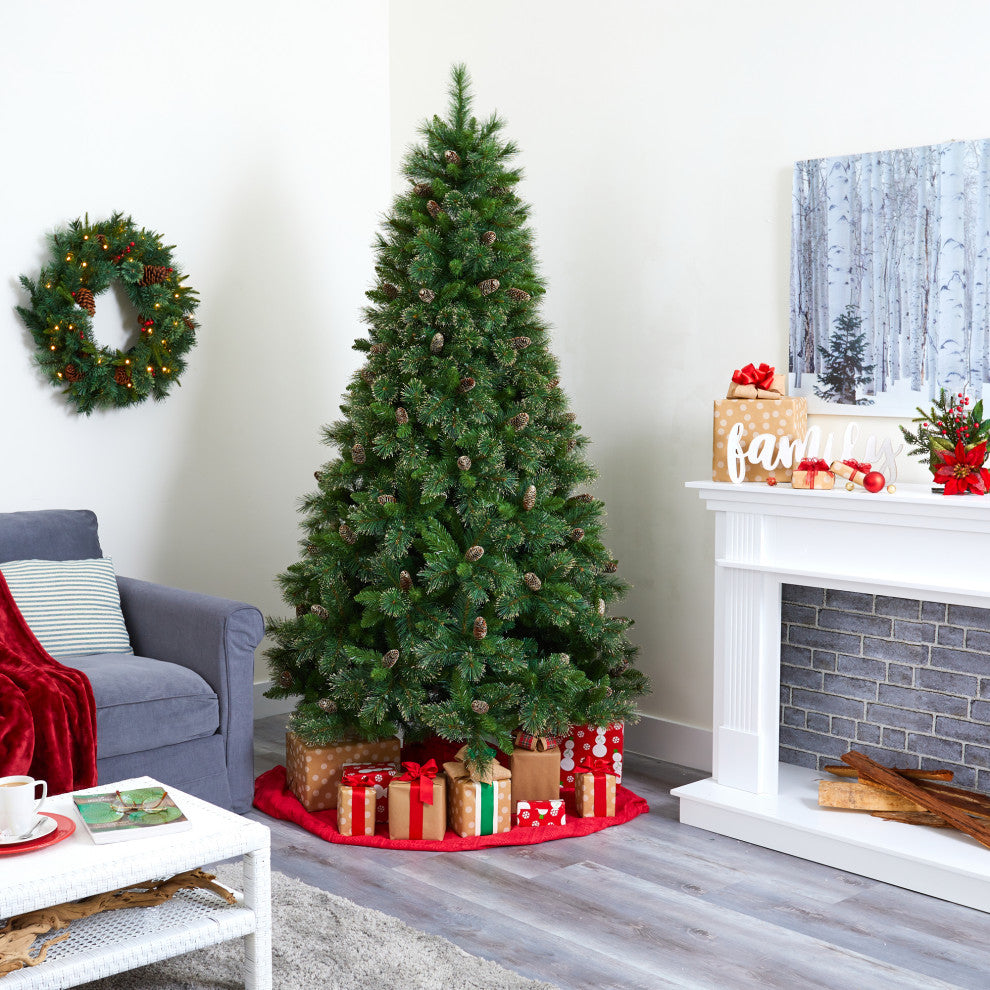 7.5' Golden Washington Pine Faux Xmas Tree W/Lights, Pinecone, Bendable Branches