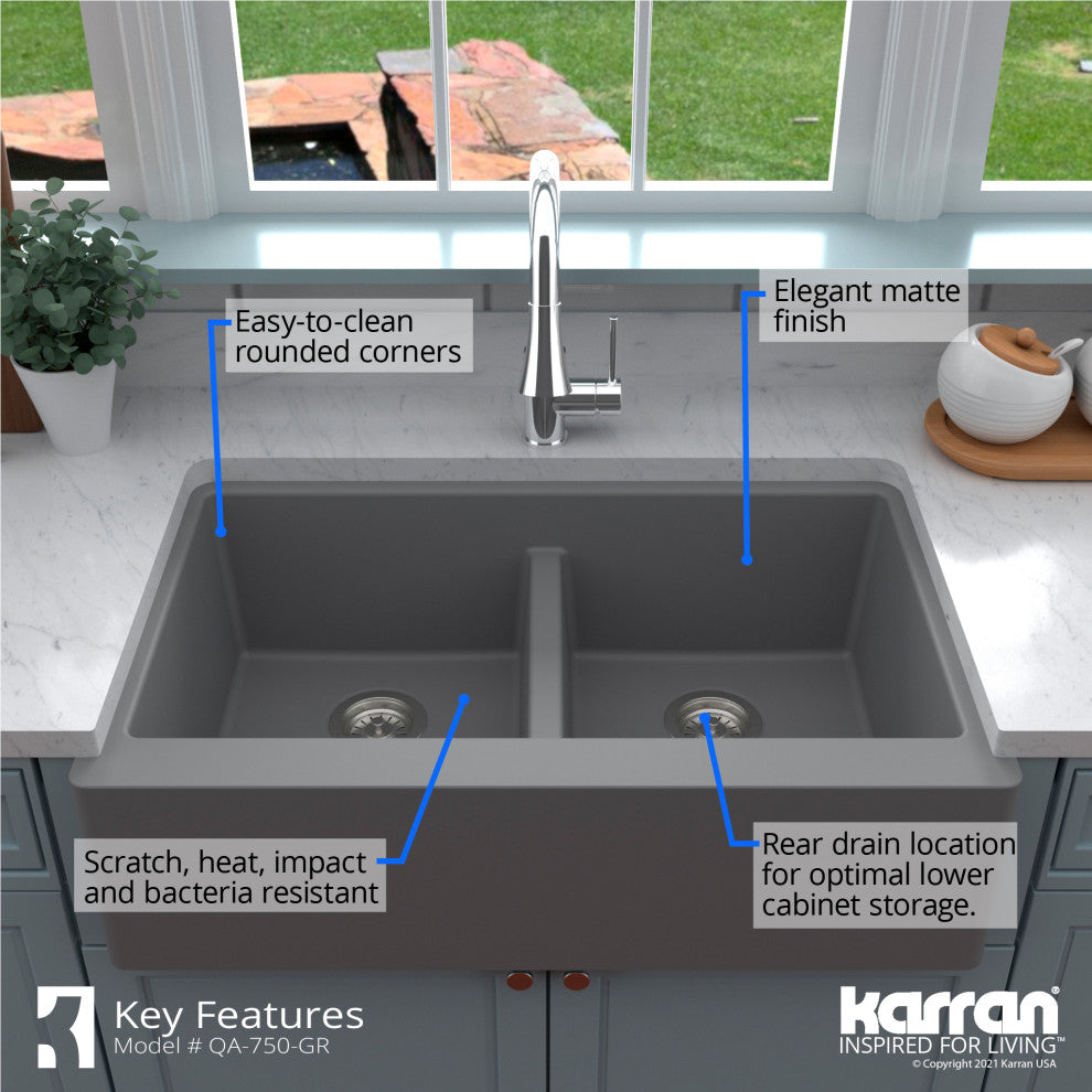 Karran Farmhouse Apron Front Quartz 34" Double Bowl Kitchen Sink, Grey