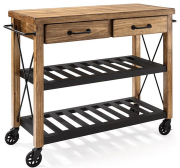 Crosley Furniture Roots Wood 2 Drawer Kitchen Cart in Natural and Black