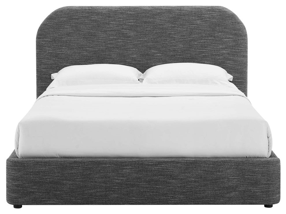 Keynote Upholstered Fabric Curved Queen Platform Bed, Heathered Weave Slate
