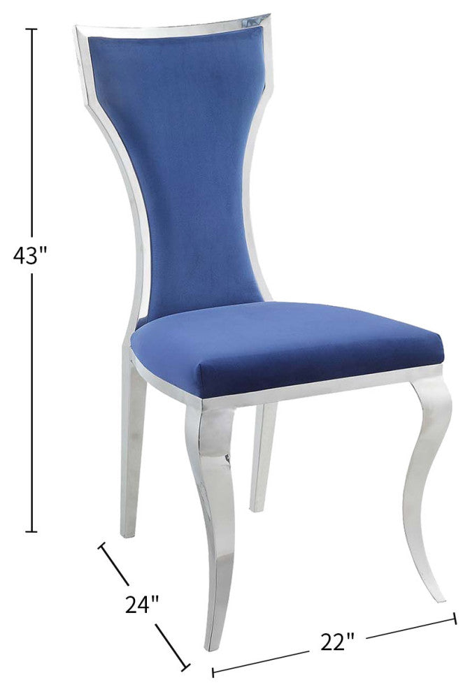 Side Chair, Set of 2, Blue Velvet and Mirroed Silver Finish, Azriel