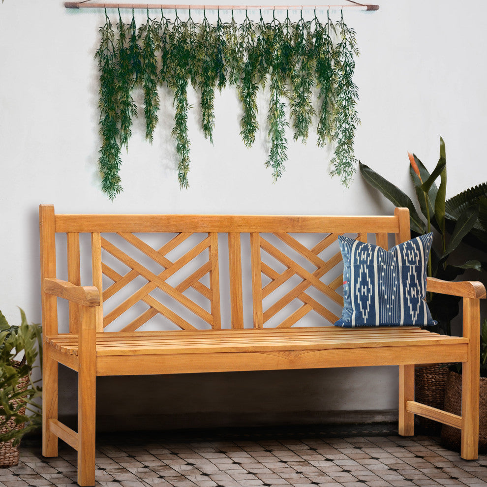 Teak Wood Chippendale Double Outdoor Patio and Garden Bench