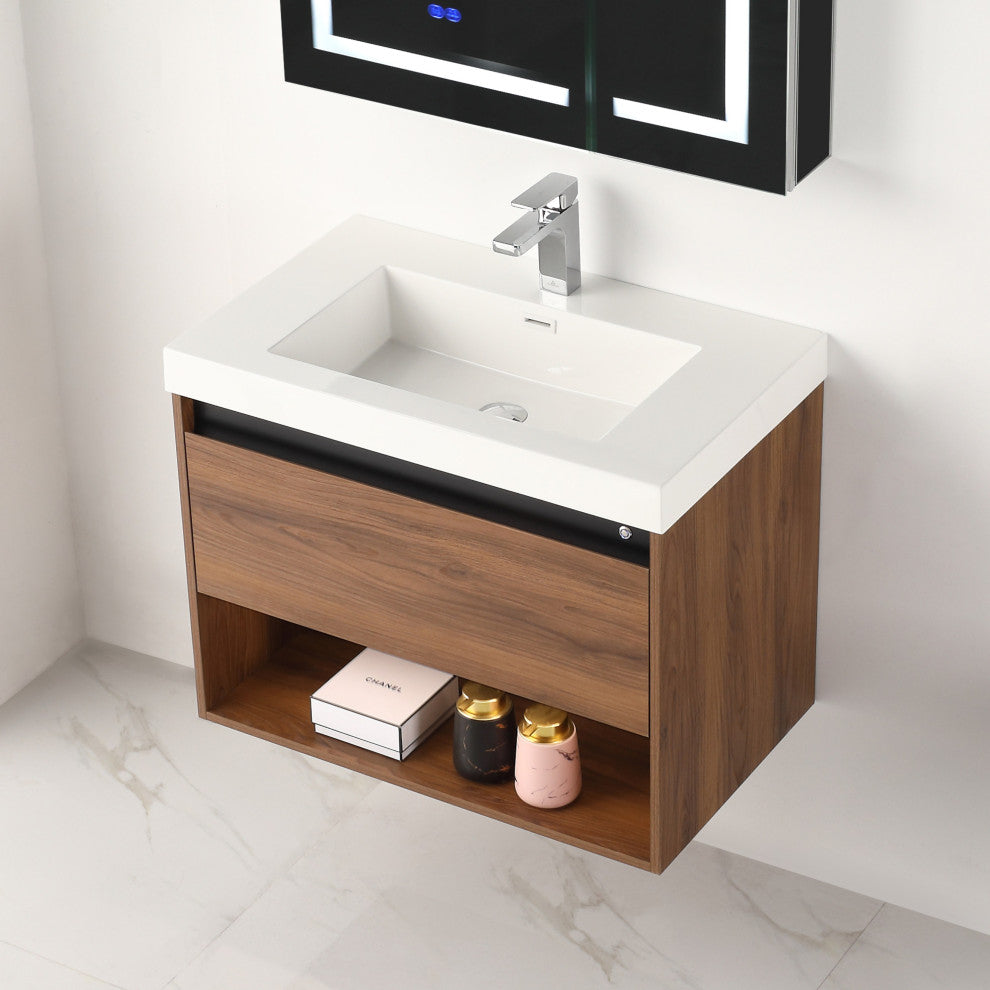 Wall Mounted Bathroom Vanity and Sink, Brown Walnut, 30'' Acrylic