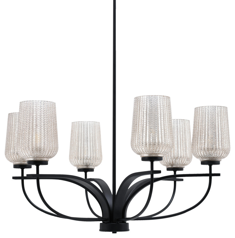 Cavella 6 Light Chandelier, Matte Black Finish, 5" Silver Textured Glass