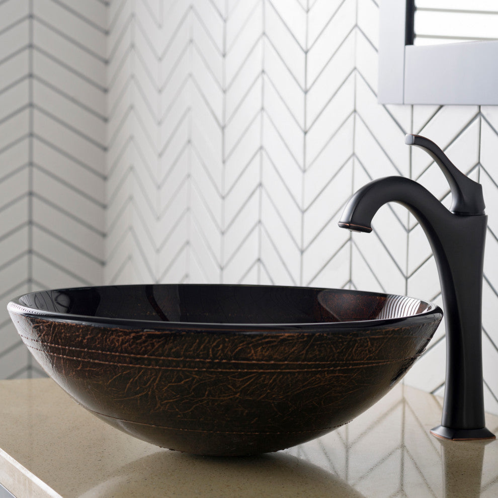 Glass Vessel Sink, Bathroom Arlo Faucet, PU Drain, Mounting Ring, Oil Rub Bronze