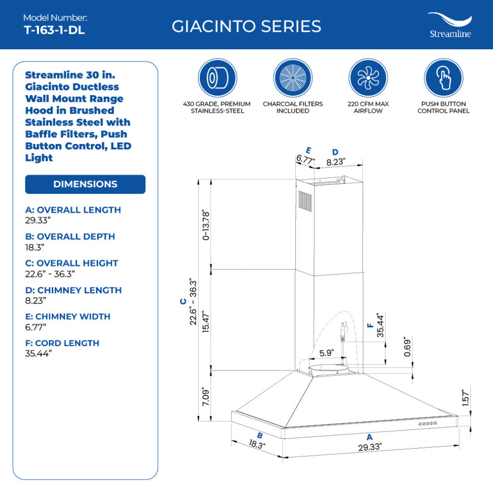 Streamline 30" Giacinto Ductless Wall Mount Range Hood, Stainless Steel
