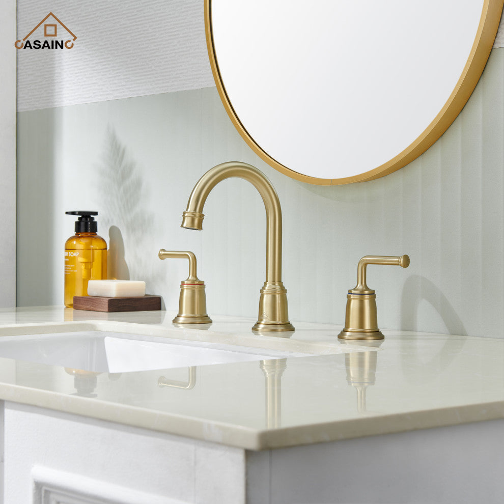 8in Brass Bathroom Sink Faucet 2 Handle 3 Hole Gold Bathroom Faucet, Brushed Gold