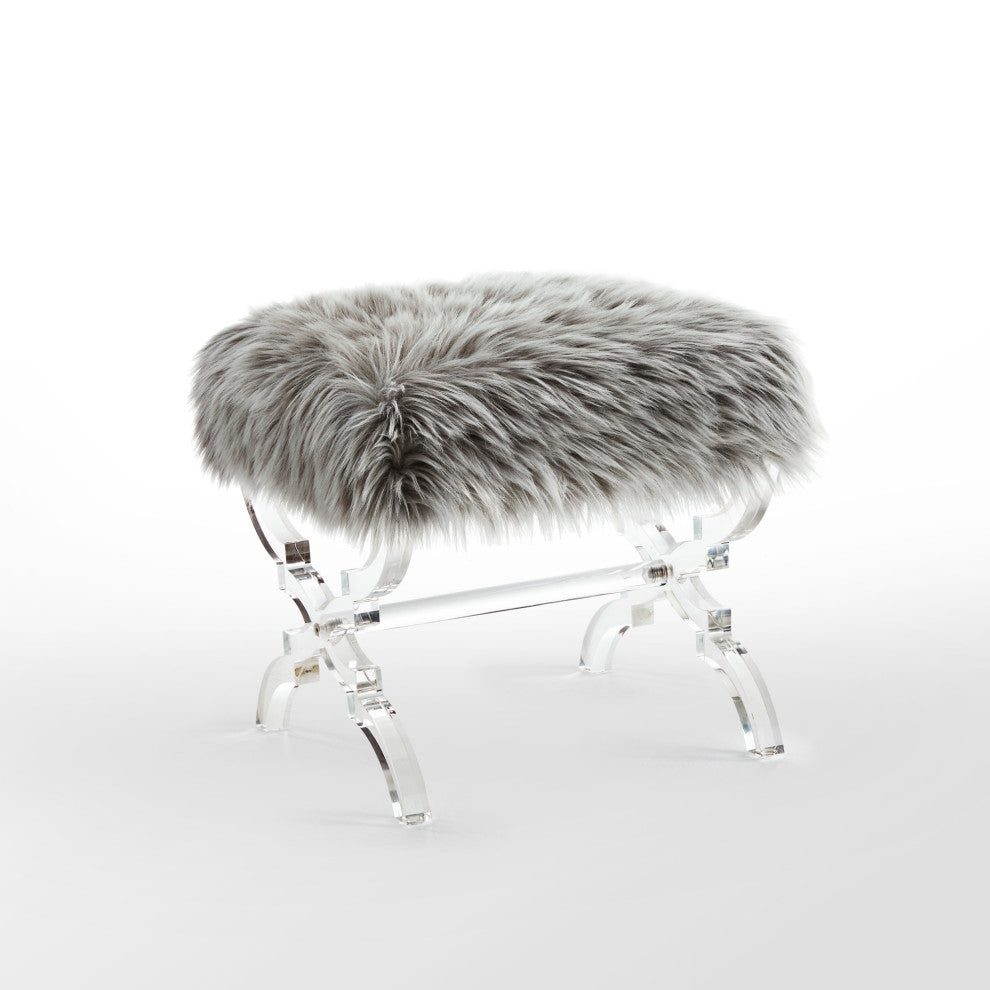 Enzo Faux Fur Acrylic X-Leg Ottoman, Gray