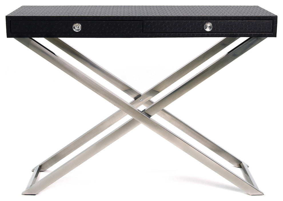 Black Ostrich Leather Console Table With Stainless Steel Legs