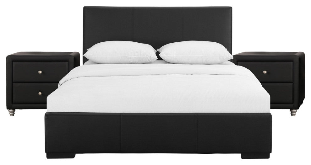 Black Upholstered Platform King Bed With Two Nightstands