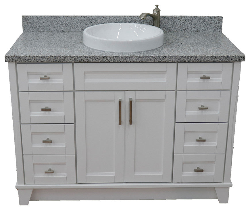 49" Single Sink Vanity, White Finish With Gray Granite And Round Sink