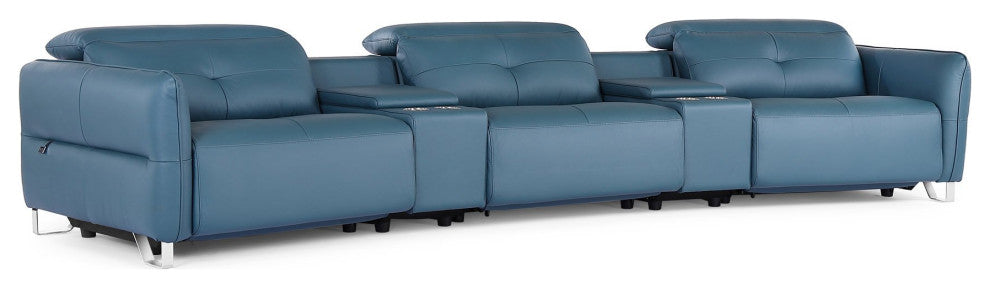 Macau Reclining Leather Sofa with Consoles in Dark Teal