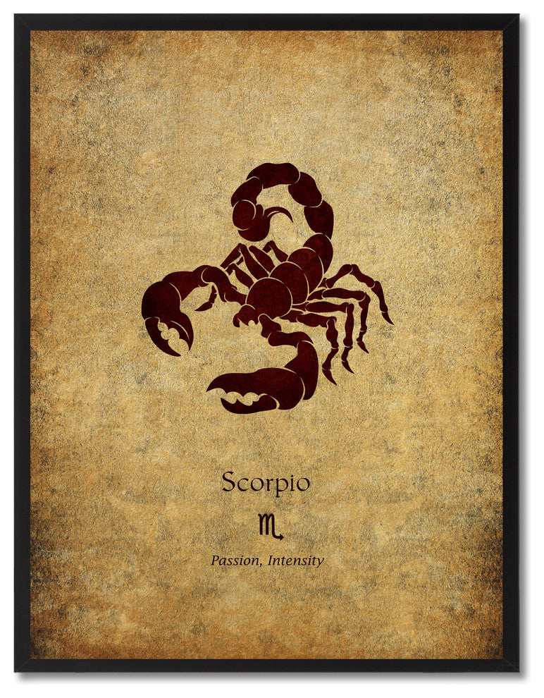 Scorpio Horoscope Astrology Brown Print on Canvas with Picture Frame, 22"x29"