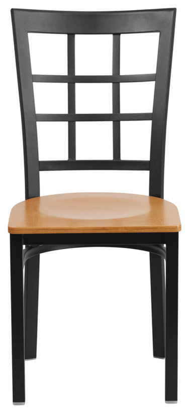 HERCULES Series Black Window Back Metal Restaurant Chair, Natural Wood Seat