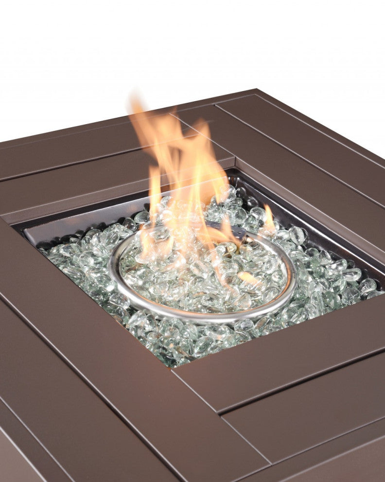 28" Brown Faux Rattan Design Square Propane Fire Pit With Glass Bead Rocks